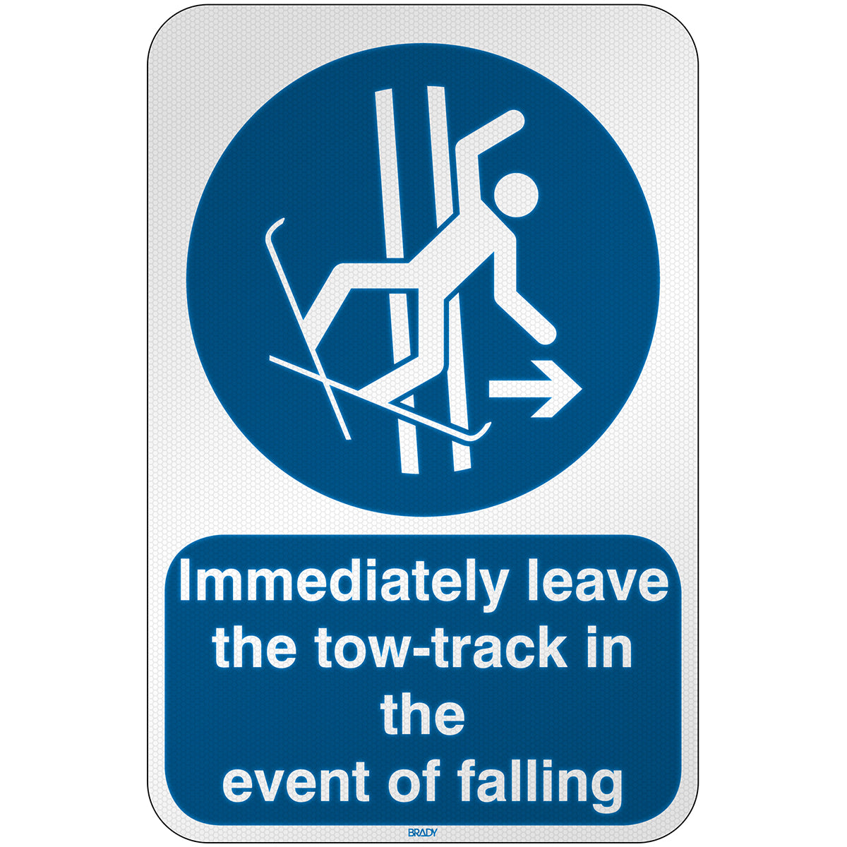 Brady M/M035/En453/Rfl-390X590-1 ISO Safety Sign - Immediately leave the tow-track in the event of falling 303219