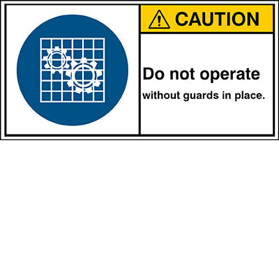 Brady M/M027/En323-Peul-100X50/1-B ISO Safety Sign - Do not operate without guards in place. 302875