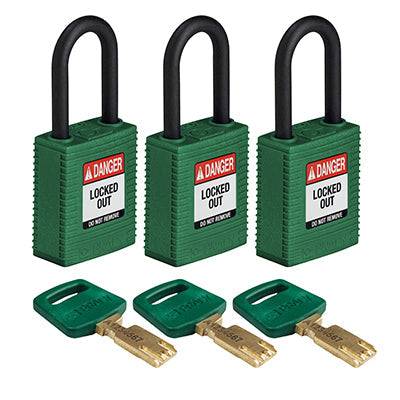 Brady Nyl-Grn-38Pl-Ka3Pk SafeKey Padlocks - Nylon 150223