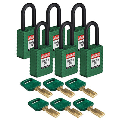 Brady Nyl-Grn-38Pl-Kd6Pk SafeKey Padlocks - Nylon 150334