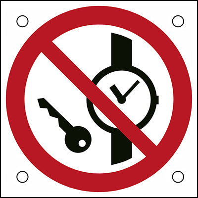 Brady P/P008/Nt/Alu05-50X50-1 ISO Safety Sign - No metallic articles or watches 302699