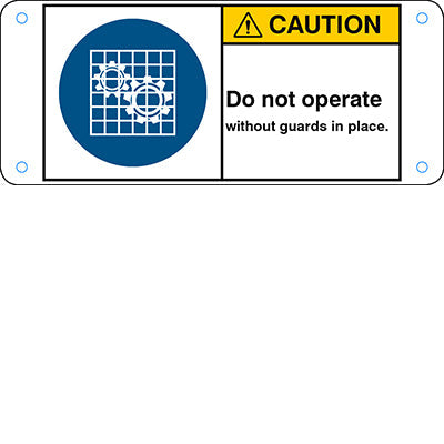 Brady M/M027/En323-Alu05-120X50/1-B ISO Safety Sign - Do not operate without guards in place. 302777