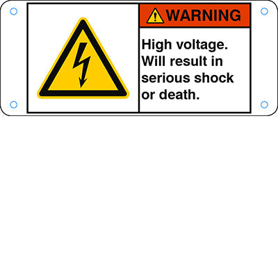 Brady W/W012/En338-Alu05-120X50/1-B ISO Safety Sign - High voltage. Will result in serious shock or death. 302819