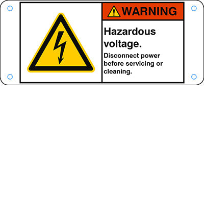 Brady W/W012/En349-Alu05-120X50/1-B ISO Safety Sign - Hazardous voltage. Disconnect power before servicing or cleaning. 302821