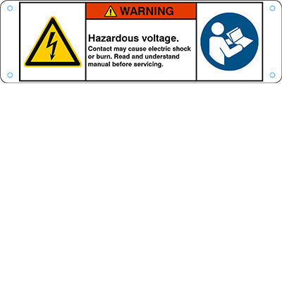 Brady W/W012/M002/En352-Alu05-170X50/1-B ISO Safety Sign - Hazardous voltage. Contact may cause electric shock or burn. Read and understand manual before servicing. 302822