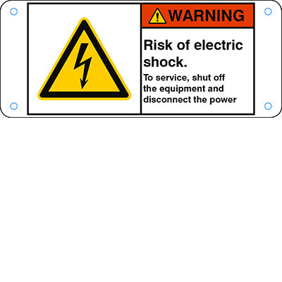 Brady W/W012/En433-Alu05-120X50/1-B ISO Safety Sign - Risk of electric shock. To service, shut off the equipment and disconnect the power 302823