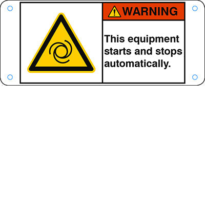 Brady W/W018/En306-Alu05-120X50/1-B ISO Safety Sign - This equipment starts and stops automatically. 302828