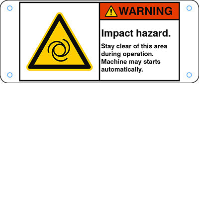 Brady W/W018/En356-Alu05-120X50/1-B ISO Safety Sign - Impact hazard. Stay clear of this area during operation. Machine may starts automatically. 302829