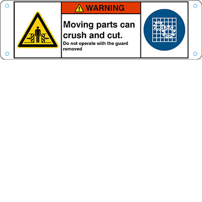 Brady W/W019/M027/En437-Alu05-170X50/1-B ISO Safety Sign - Moving parts can crush and cut. Do not operate with the guard removed 302834