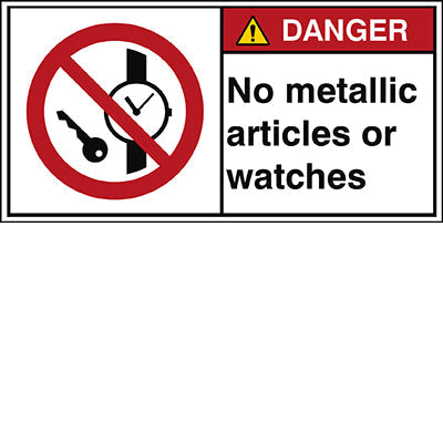 Brady P/P008/En211-Peul-100X50/1-B ISO Safety Sign - No metallic articles or watches 302885