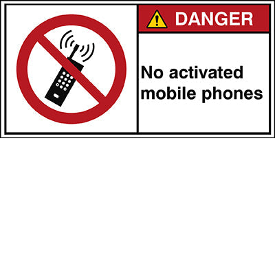 Brady P/P013/En207-Peul-100X50/1-B ISO Safety Sign - No activated mobile phones 302889