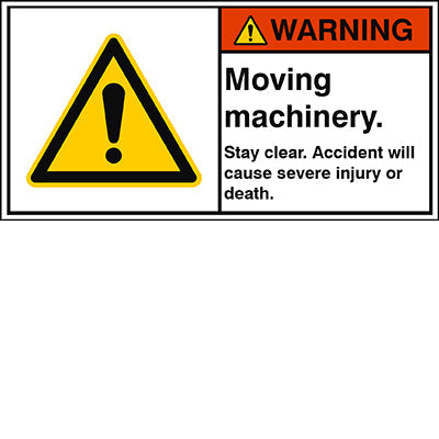 Brady W/W001/En339-Peul-100X50/1-B ISO Safety Sign - Moving machinery. Stay clear. Accident will cause severe injury or death. 302908