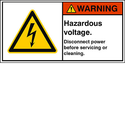Brady W/W012/En349-Peul-100X50/1-B ISO Safety Sign - Hazardous voltage. Disconnect power before servicing or cleaning. 302919