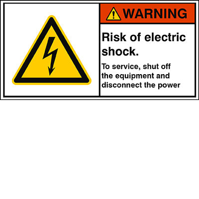 Brady W/W012/En433-Peul-100X50/1-B ISO Safety Sign - Risk of electric shock. To service, shut off the equipment and disconnect the power 302921