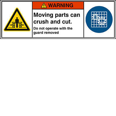 Brady W/W019/M027/En437-Peul-150X50/1-B ISO Safety Sign - Moving parts can crush and cut. Do not operate with the guard removed 302932