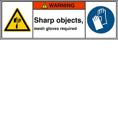 Brady W/W022/M009/En443-Peul-150X50/1-B ISO Safety Sign - Sharp objects, mesh gloves required 302939