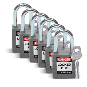 Brady Sfty Padlock Steel 38Mm Sha Grey 6/Pac Safety Padlocks - Standard 814113