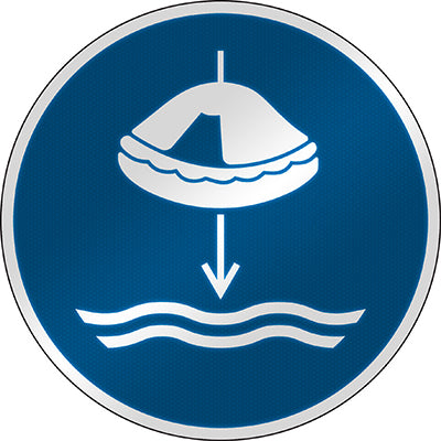 Brady M/M040/Nt/Rfl-Dia395-1 ISO Safety Sign -  Lower liferaft to the water in launch sequence 303243