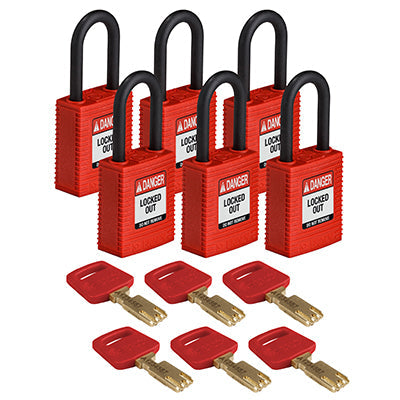 Brady Nyl-Red-38Pl-Kd6Pk SafeKey Padlocks - Nylon 150311