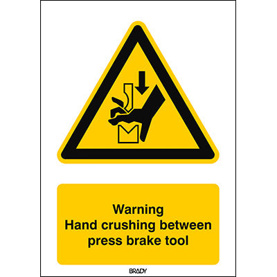 Brady W/W030/En410/Twm-210X297-1 ISO Safety Sign - Warning; Hand crushing between press brake tool 237507