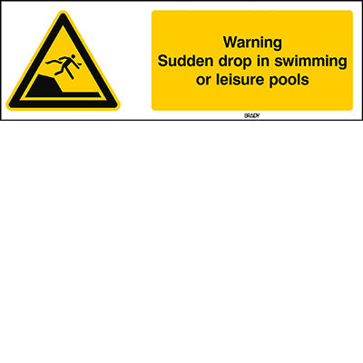 Brady W/W050/En493/Pe-150X50-1 ISO Safety Sign - Warning Sudden drop in swimming or leisure pools 301033