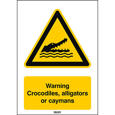 Brady W/W067/En510/Pp-210X297-1 ISO Safety Sign - Warning Crocodiles, alligators or caymans 302598