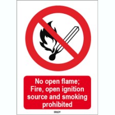 Brady Sten P003-297X420-Pe-Crd/1 ISO 7010 Sign - No open flame; Fire, open ignition source and smoking prohibited 822202