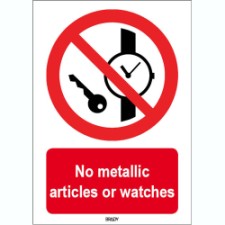 Brady Sten P008-297X420-Pp-Crd/1 ISO 7010 Sign - No metallic articles or watches 822955