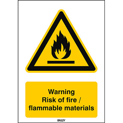 Brady W/W021/En265/Tw-148X210-1 ISO Safety Sign - Warning; Risk of fire / flammable materials 235942