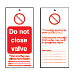 Brady Tag-E-Do Not Close Valve-50X110mm Tagout: Warning Tags 225403